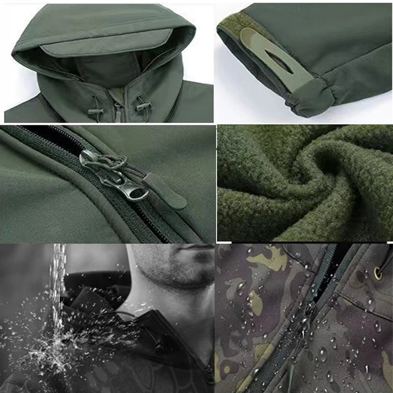 Men's Military Tactical Winter Autumn Warm Softshell Fleece Hood Cargo Jackets Camping Hiking Climbing Hunting Fishing Outdoor