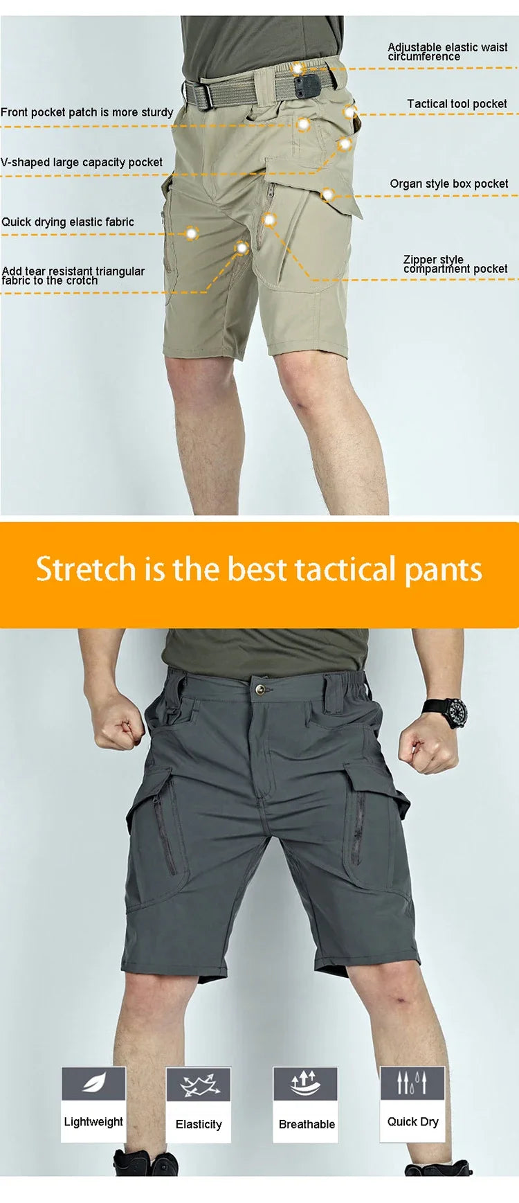 Men Summer Softshell Elastic Short Pants Multi-Pockets Tactical Cargo Military Hiking Camping Climbing Casual Trousers Sportwear